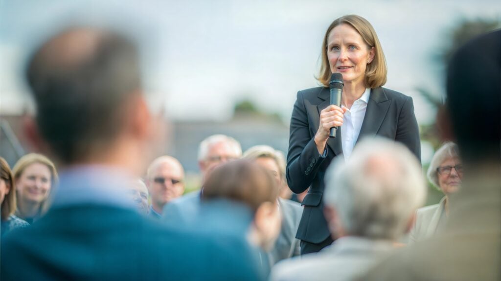 Woman Politician at Community Event - A female politician speaking at a community event, engaging with local residents.